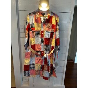 Lands End Womens Patchwork Shirt Dress Multicolor Gingham Floral Belted L 14-16